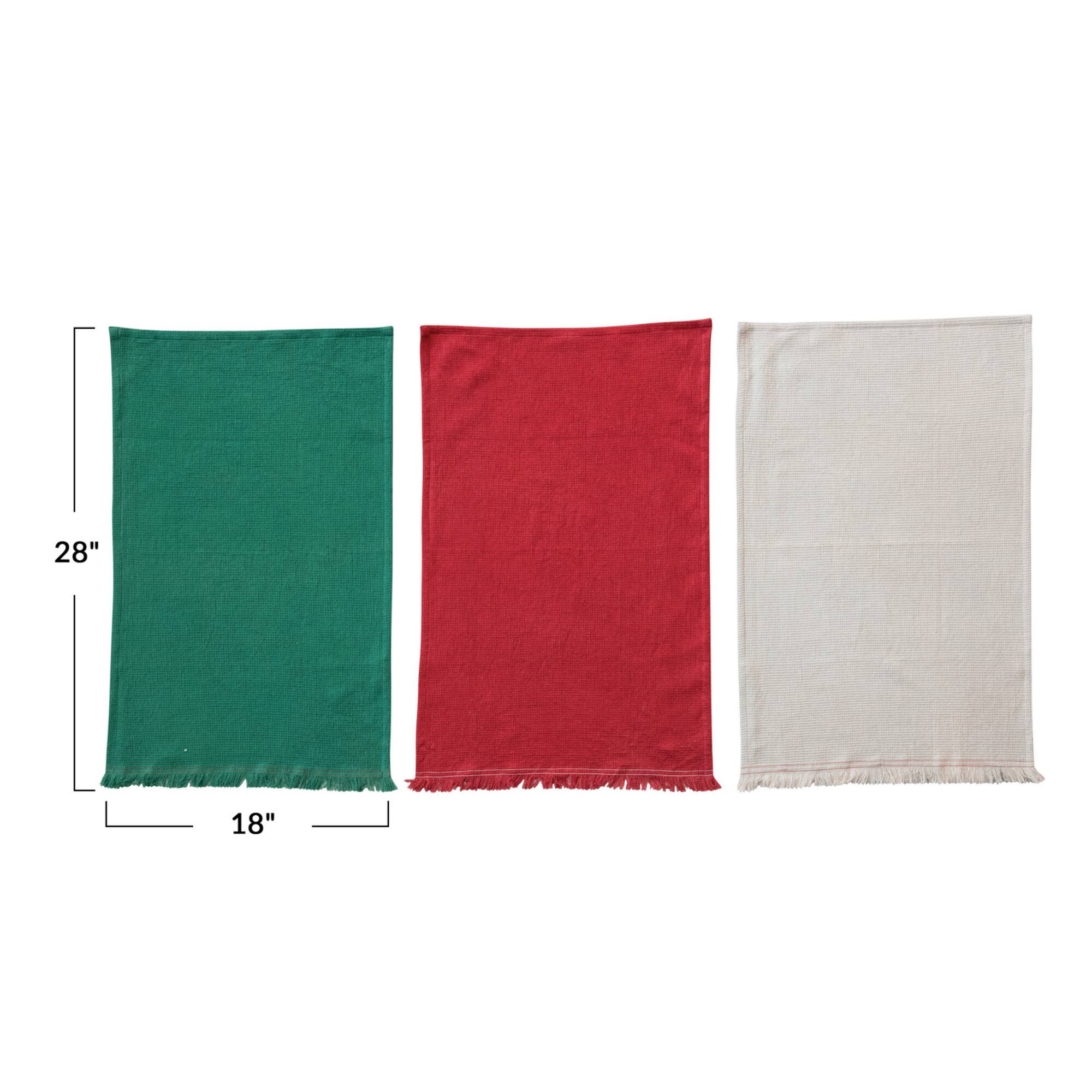 Hello Honey® Red, Green & Natural Cotton Waffle Weave Tea Towel Set with Fringe